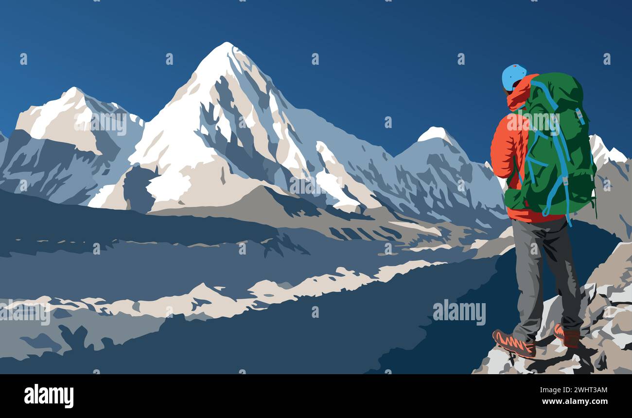 Khumbu-Gletscher, Gipfel des Mount Pumori und Wanderer auf dem Weg zum Basislager des Mount Everest, Vektor-Illustration, Khumbu-Tal, Sagarmatha-Nationalpark, Nepal Hi Stock Vektor