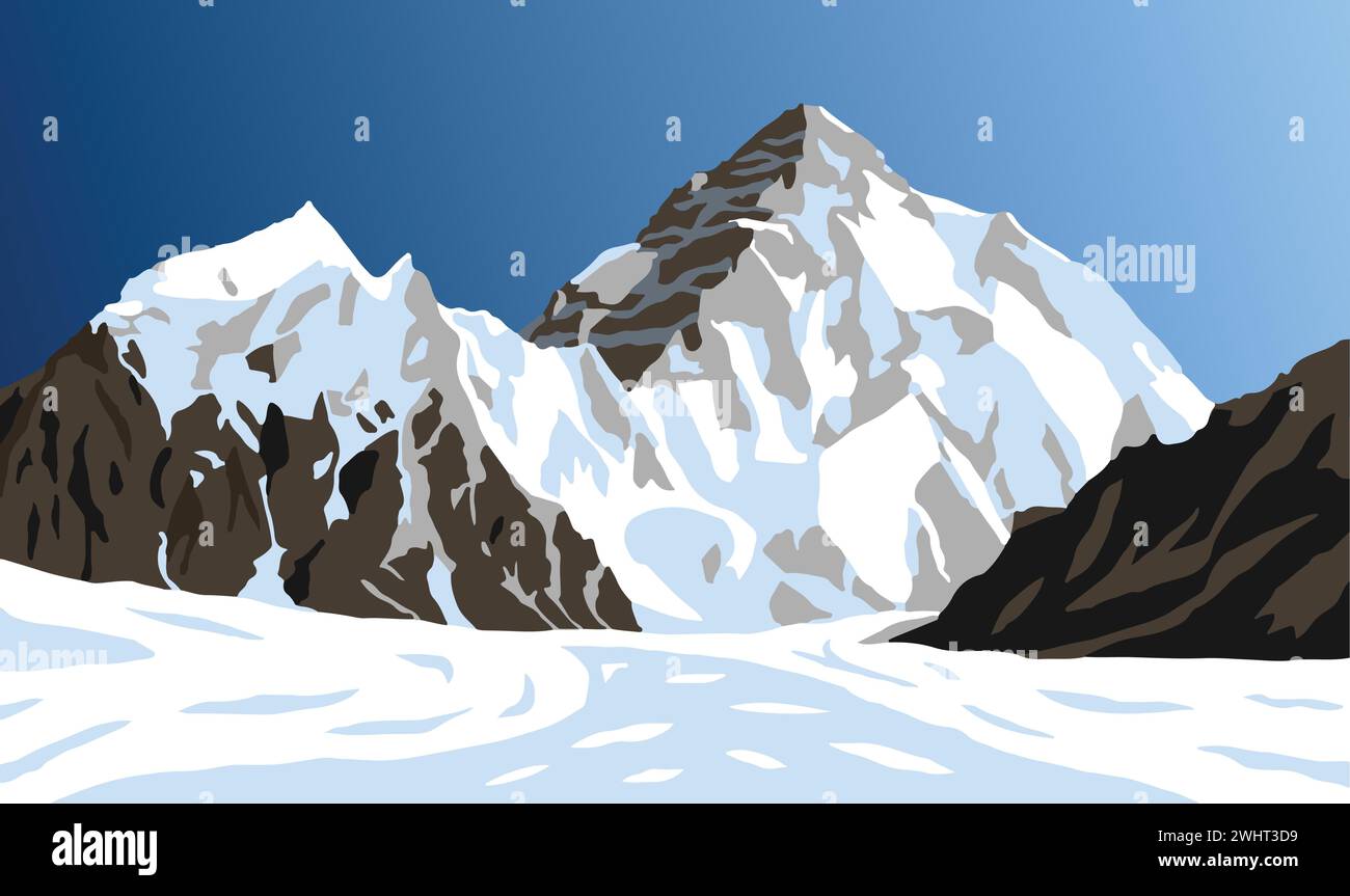 K2 oder Chogori, zweithöchster Berg, Karakoram, Pakistan, blaue Vektorillustration Stock Vektor