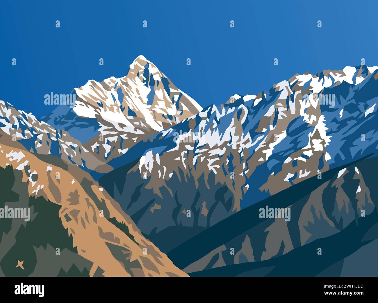 Vektordarstellung des Mount Nanda Devi, einer der besten Berge im indischen Himalaya, gesehen von Joshimath Auli, Uttarakhand, Indien, indischer Himalaya Berg Stock Vektor