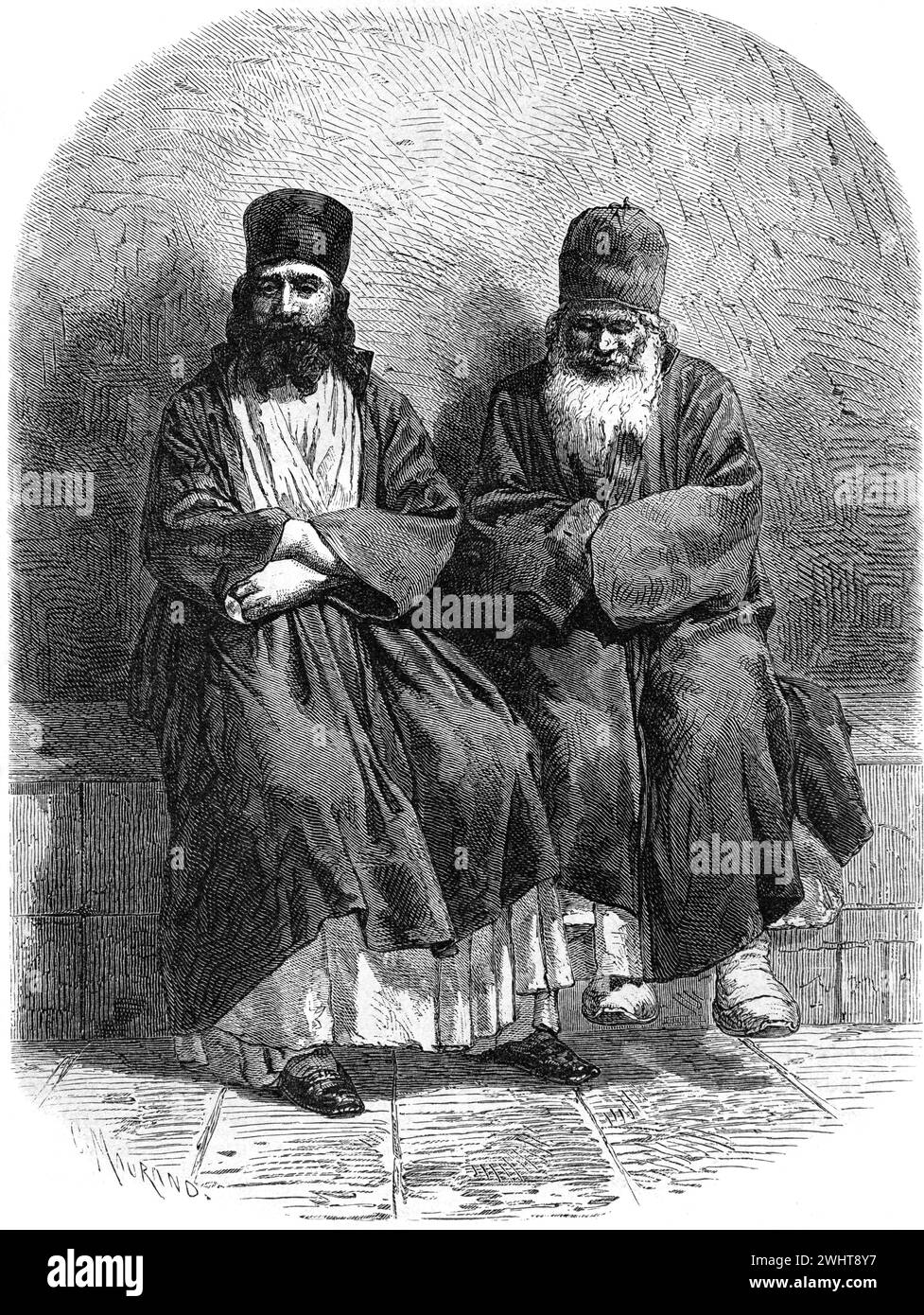 Griechisch-orthodoxe Mönche im Balikli-Kloster, alias Baloukli-Kloster, Abtei oder Kloster, und das Kloster der Mutter Gottes am Frühling, oder Kirche St. Mary at the Spring (Balikli meryem ana Rum monastiri), Istanbul, Türkei. Vintage oder historische Gravur oder Illustration 1863 Stockfoto