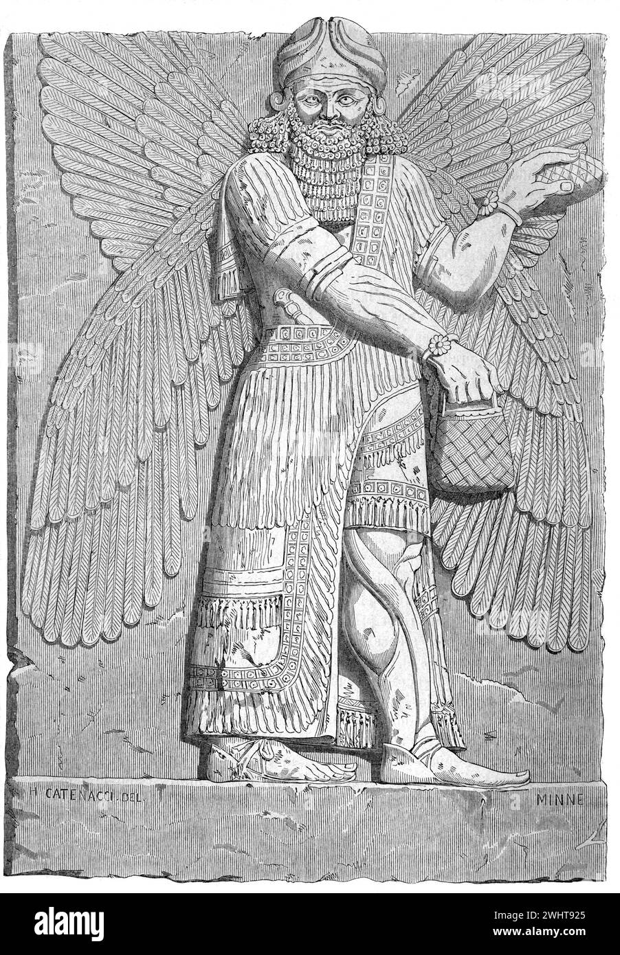 Assyrisches Relief, Bas Relief oder Steinschnitzerei eines bärtigen Assyrischen Mannes oder einer geflügelten Figur aus Dur-Sharrukin, dem heutigen Khorsabad im Nordirak. Vintage oder historische Gravur oder Illustration 1863 Stockfoto