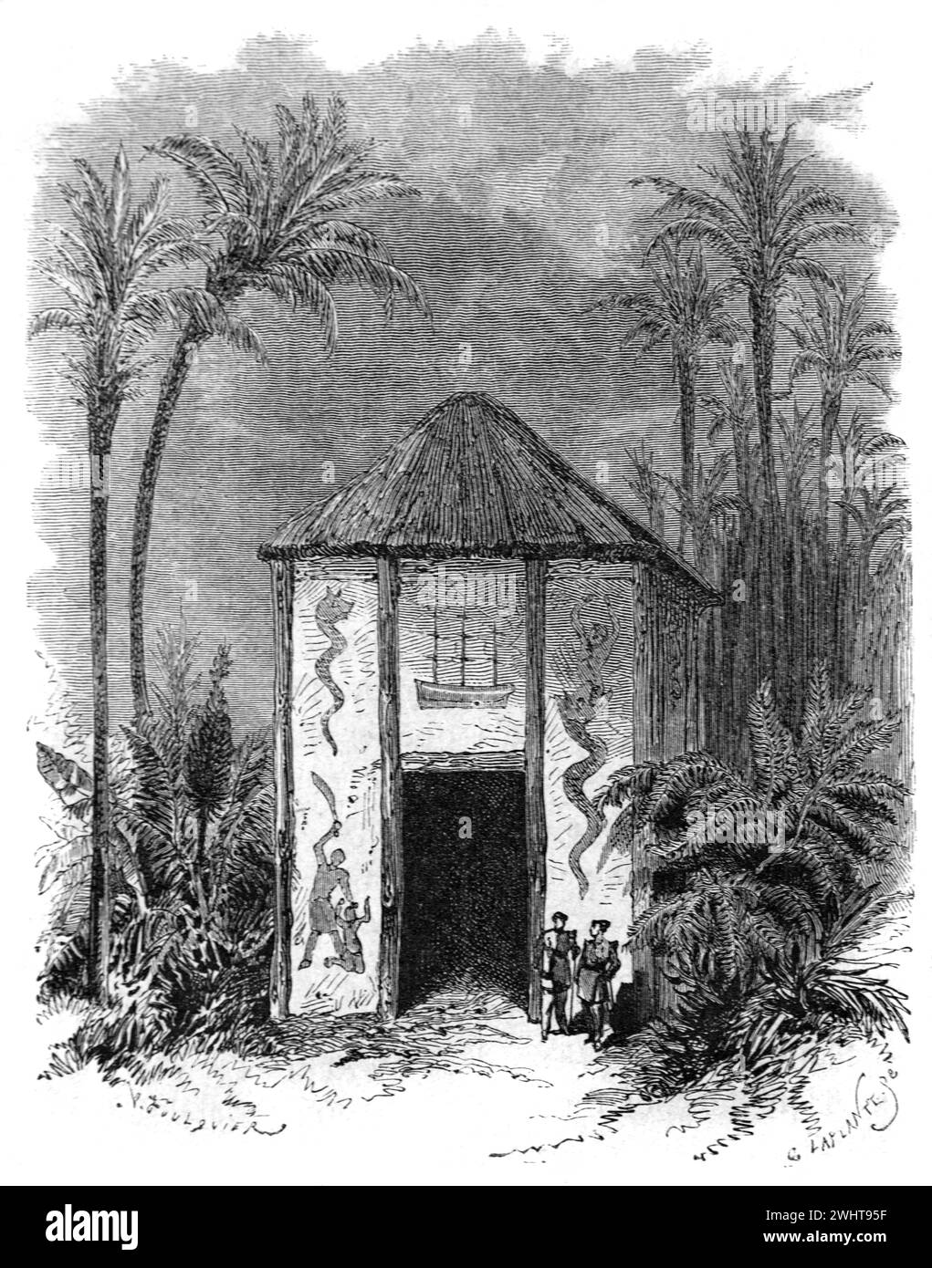 Opferhütte in Cana, Königreich Dahomey, heute Republik Benin, Westafrika. Vintage oder historische Gravur oder Illustration 1863 Stockfoto