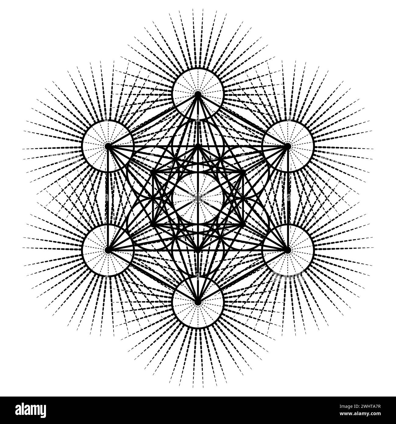 Metatron's Cube, Blume des Lebens. Heilige Geometrie auf strahlender Sonne, Grafikelement Vektor isolierte Darstellung. Mystische Ikone platonische Feststoffe, abstrakt Stock Vektor