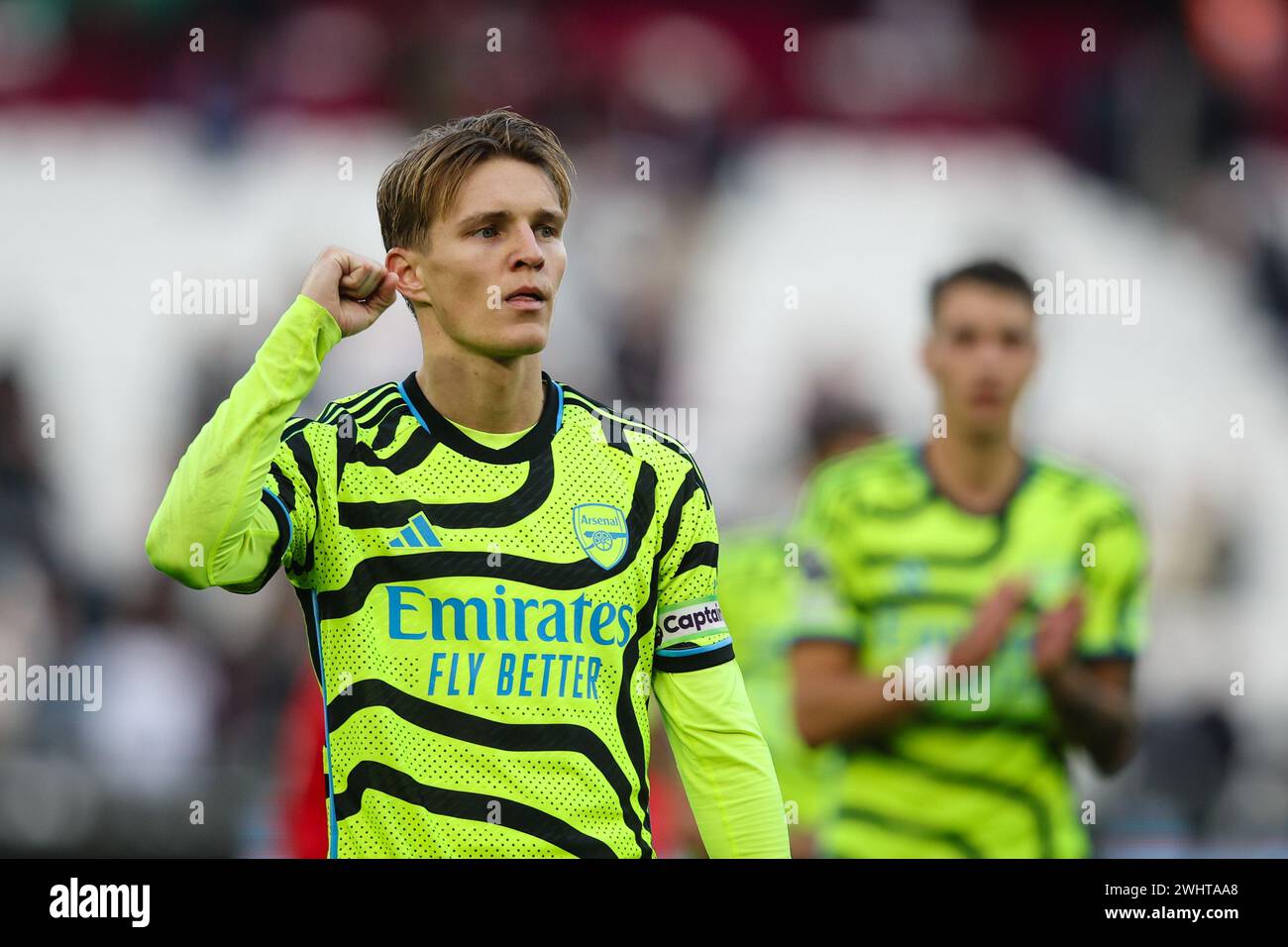 LONDON, UK - 11. Januar 2024: Martin Odegaard von Arsenal feiert nach dem Premier League-Spiel zwischen West Ham United und Arsenal FC im London Stadium (Credit: Craig Mercer/ Alamy Live News) Stockfoto