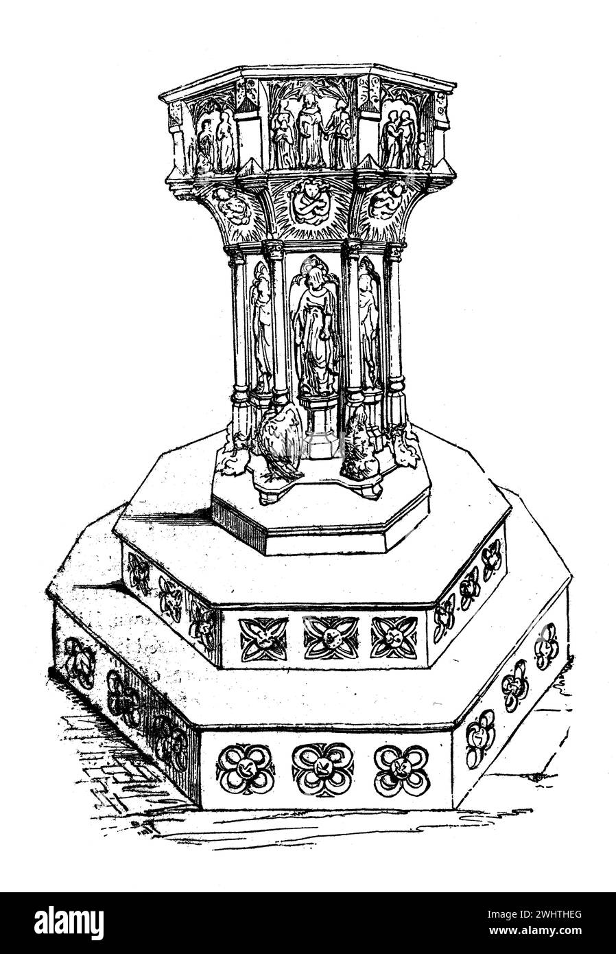 Zeichnung der Sieben Sakramenttafel aus dem Jahr 1468 in der St. Nicholas' Church, East Dereham, Norfolk. Black-and-White-Illustration aus dem „Old England“, veröffentlicht von James Sangster im Jahr 1860. Stockfoto
