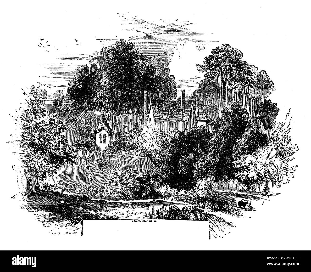 Skizze von Guy's Cliff, Warwick im 17. Jahrhundert; Schwarz-weiß-Illustration aus dem „Old England“, veröffentlicht von James Sangster im Jahr 1860. Stockfoto