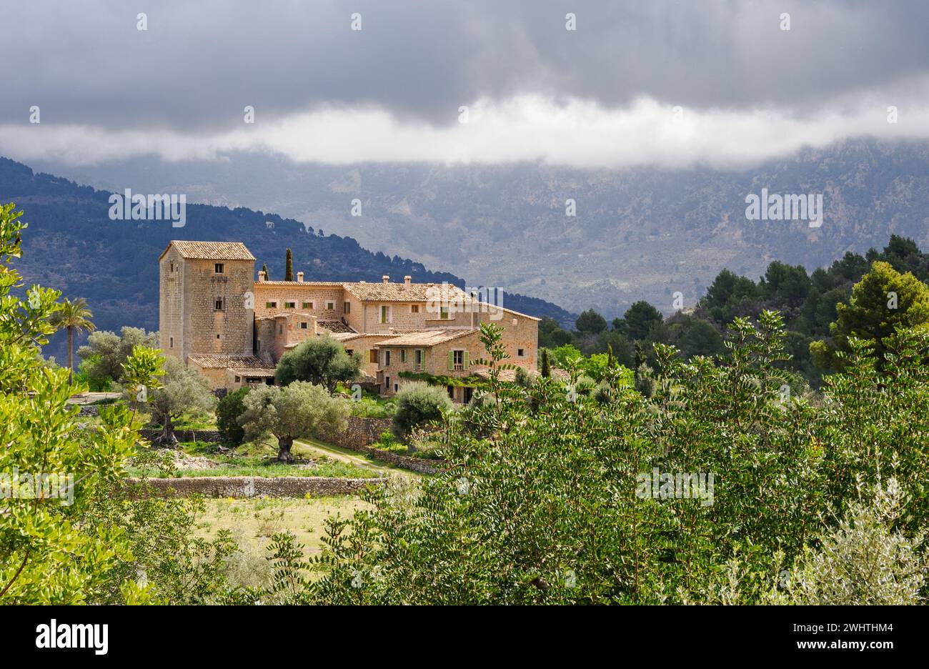Große Finca und Anwesen mit Olivenhainen in der Landschaft des Tramuntanagebirges bei Soller in Mallorca Spanien Stockfoto