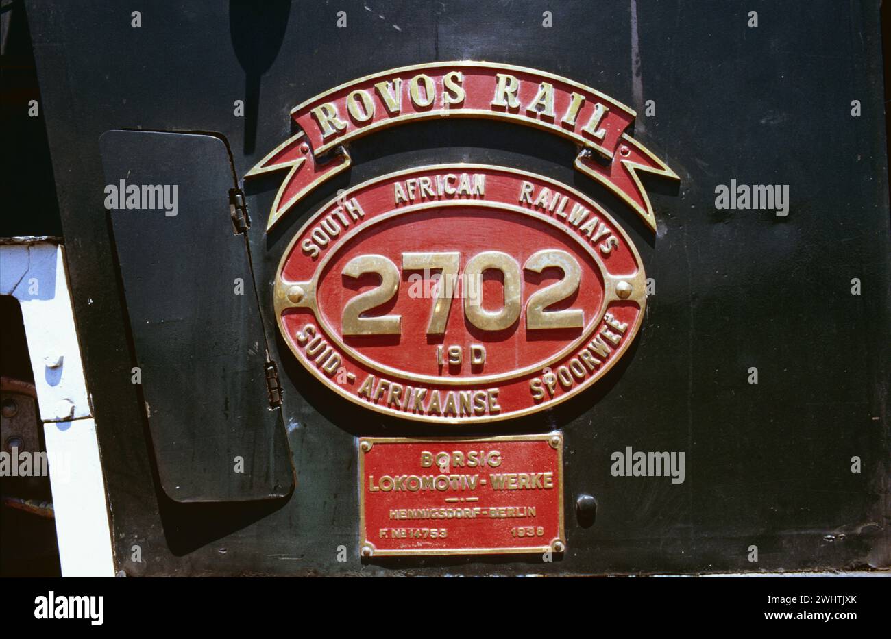 Fabrikschild an der BORSIG-Lokomotive Nr. 2702 der Rovos-Rail * Fabrikschild auf einer Borsig-Dampflokomotive von Rovos Rail Stockfoto