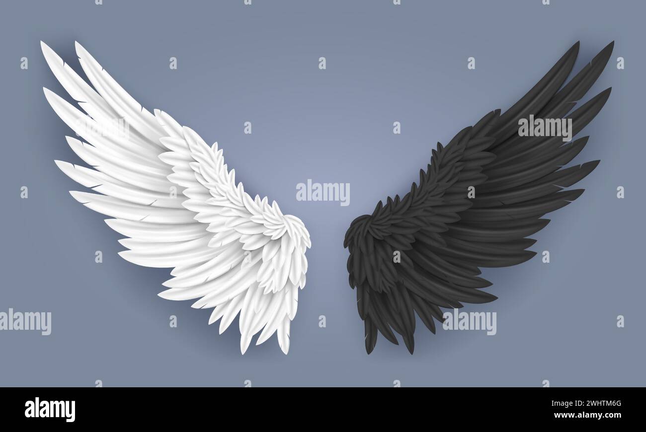 Realistische Engel- und Dämonenflügel. Weißer Taubenflügel mit engelhaftem nimbus, Teufelshörner mit Paar schwarzen Flügeln und fallenden Federn 3D isolierter Vektor Stock Vektor