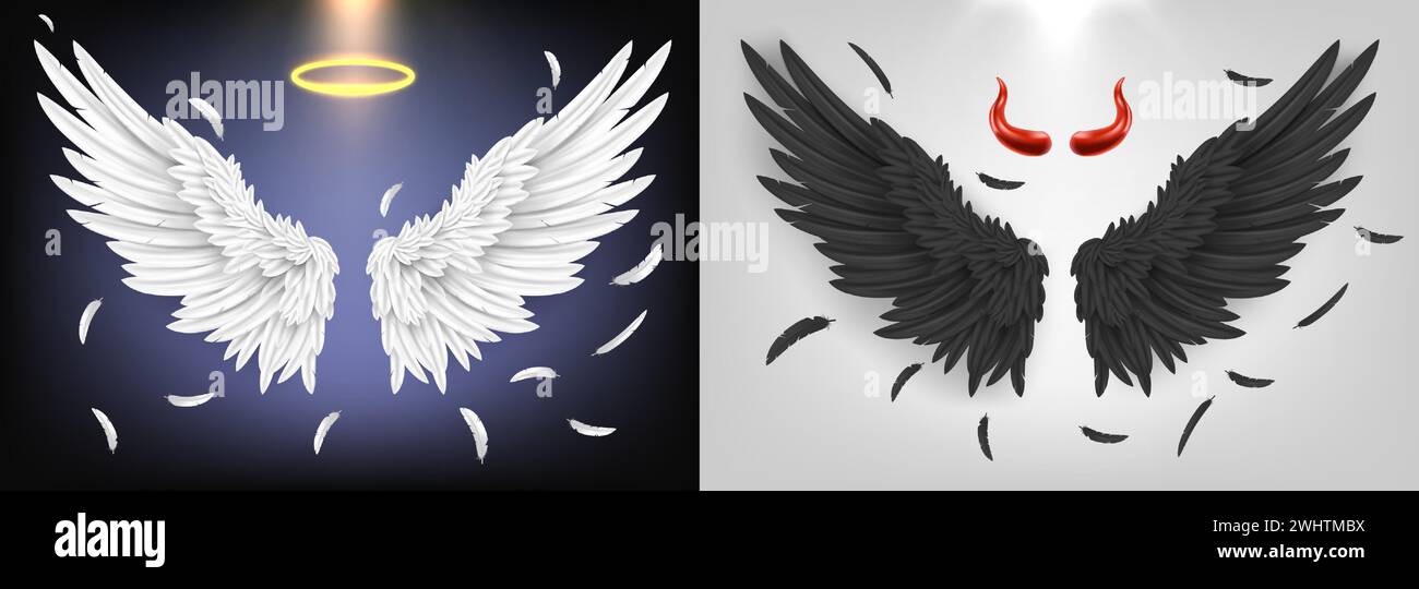 Engel und Dämonenflügel. Schwarz-weiß gefiederte Flügel, engelhaftes gutes und dämonisches böses Konzept realistisches 3D-Vektor-Illustrationsset Stock Vektor