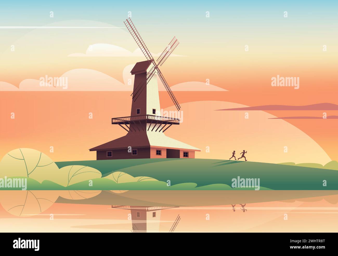 Ein Junge und ein Mädchen rennen bei Sonnenuntergang durch eine Wiese in der Nähe einer alten Windmühle. Vektorabbildung. Stock Vektor