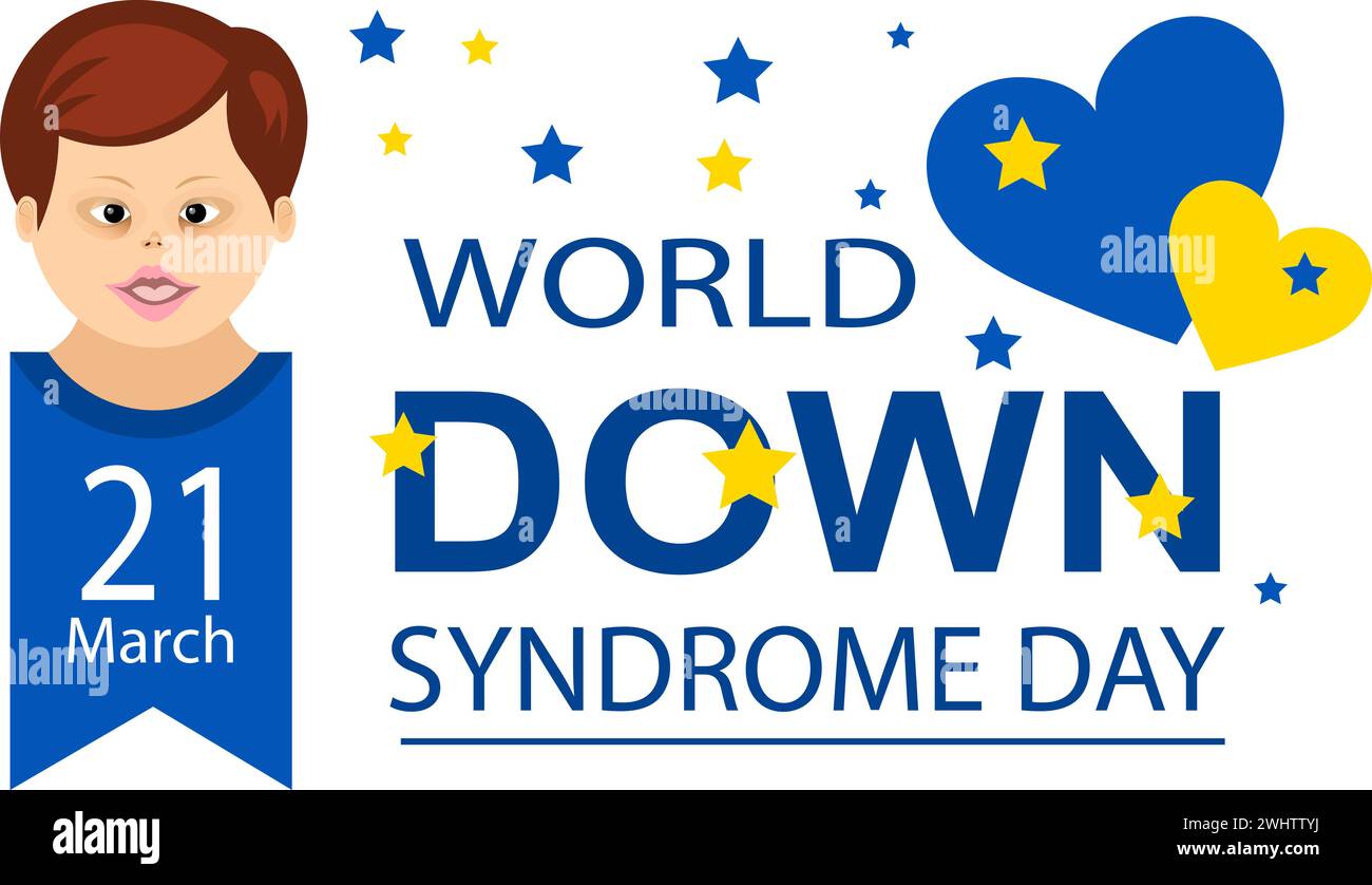 World-Down-Syndrom-Tag. Junge und zwei Herzen auf transparentem Hintergrund. Down-Syndrom-Awareness-Konzept. Vektorabbildung Stock Vektor