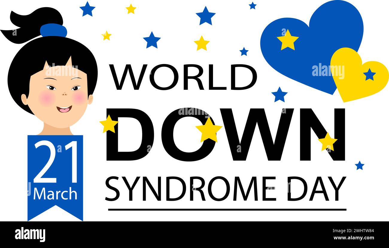 World-Down-Syndrom-Tag. Mädchen und zwei Herzen auf transparentem Hintergrund. Down-Syndrom-Awareness-Konzept. Vektorabbildung Stock Vektor