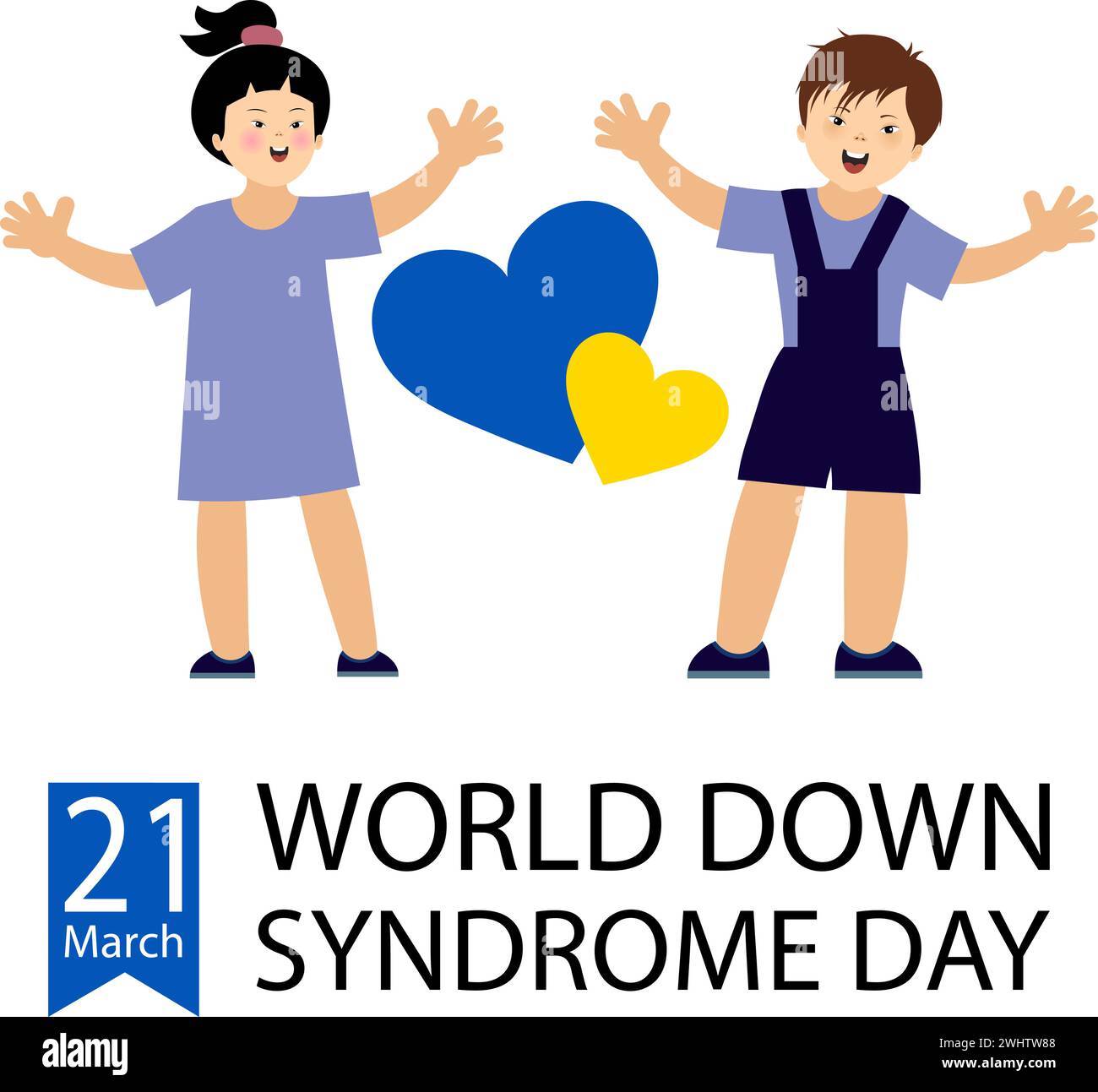 World-Down-Syndrom-Tag. Ein Junge, ein Mädchen und zwei Herzen. Down-Syndrom-Awareness-Konzept. Vektorabbildung Stock Vektor