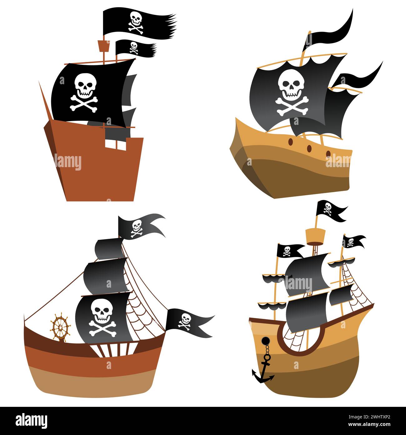 Piratenabenteuer. Piratenset mit einem Schiff, einem Segelboot, einer Fregatte und Flaggen. Pirates Party Kids Abenteuer. Vektorabbildung Stock Vektor