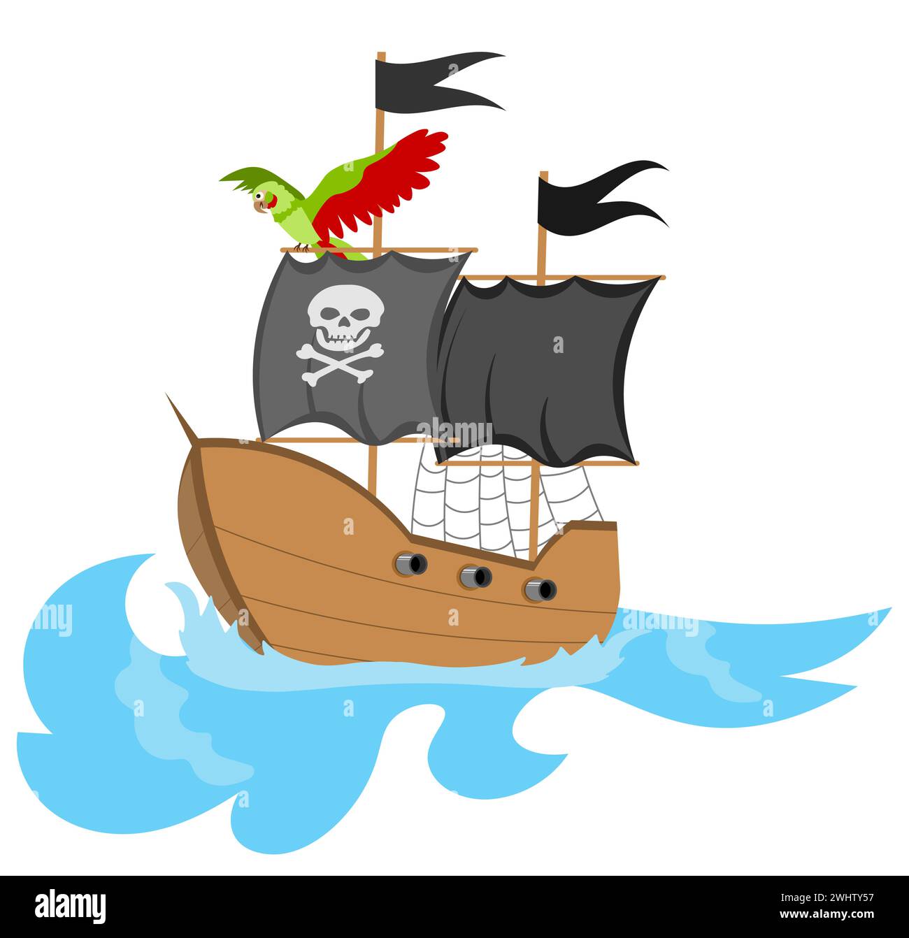 Piratenabenteuer. Ein Piratenschiff mit Papagei segelt auf dem Meer. Pirates Party Kids Abenteuer. Vektorabbildung Stock Vektor