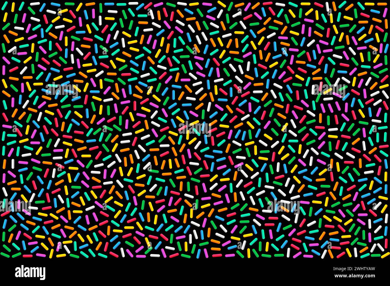 Bunte Regenbogenstreusel, Illustration auf schwarzem Hintergrund. Bunte, stabförmige Zuckerstreusel, kleine Süßigkeiten in verschiedenen Farben. Stockfoto