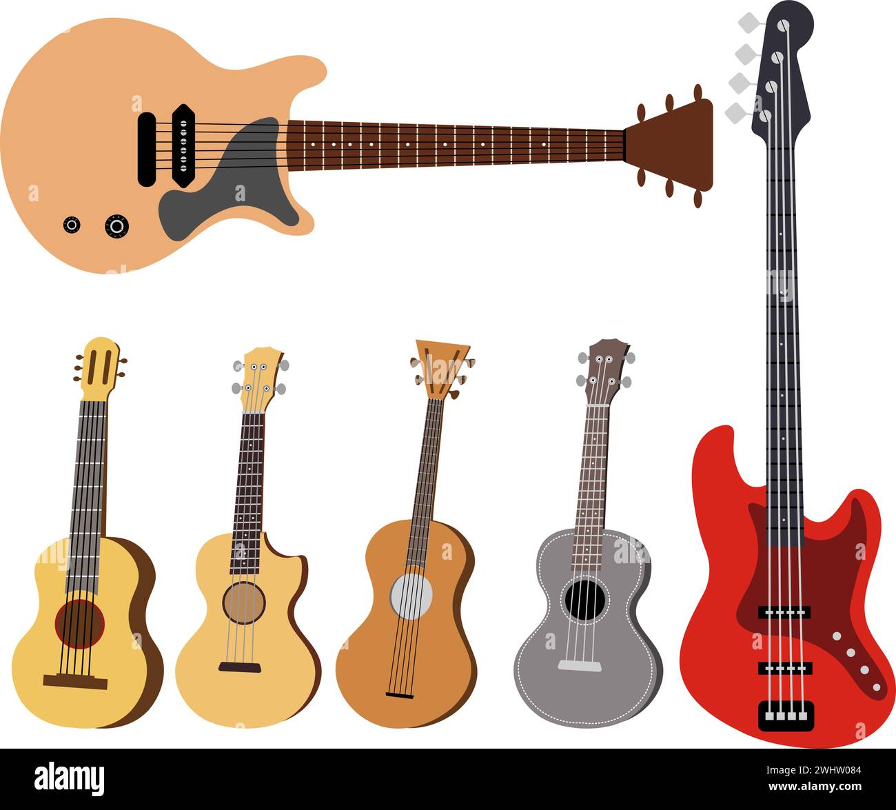 Musikinstrumente. Verschiedene Gitarrenarten. Kann für Emblem, Konzert, Musik, Schulkonzept verwendet werden. Vektorabbildung Stock Vektor