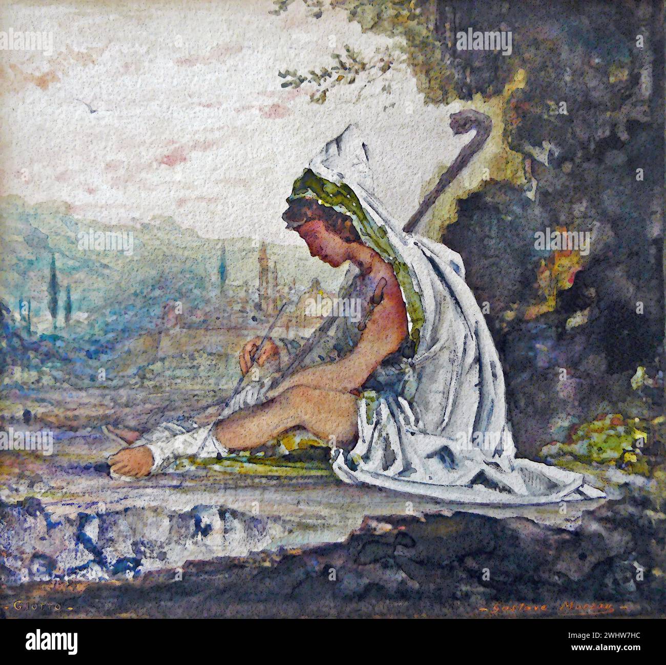 Gustave Moreau - Giotto als junger Hirte, zeichnet auf dem Land in der Nähe von Florenz [1882] Stockfoto