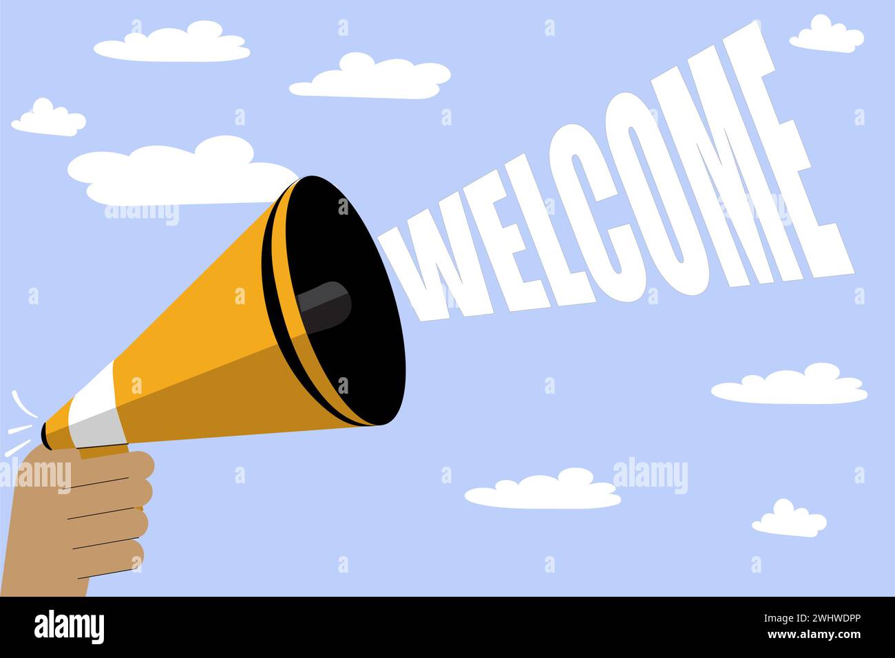 Megaphon oder Bullhorn mit Begrüßungstext, der so aussieht, als ob die Person einen neuen Mitarbeiter, einen neuen Mitarbeiter oder einen erfolgreichen Kandidaten willkommen heißen würde Stock Vektor