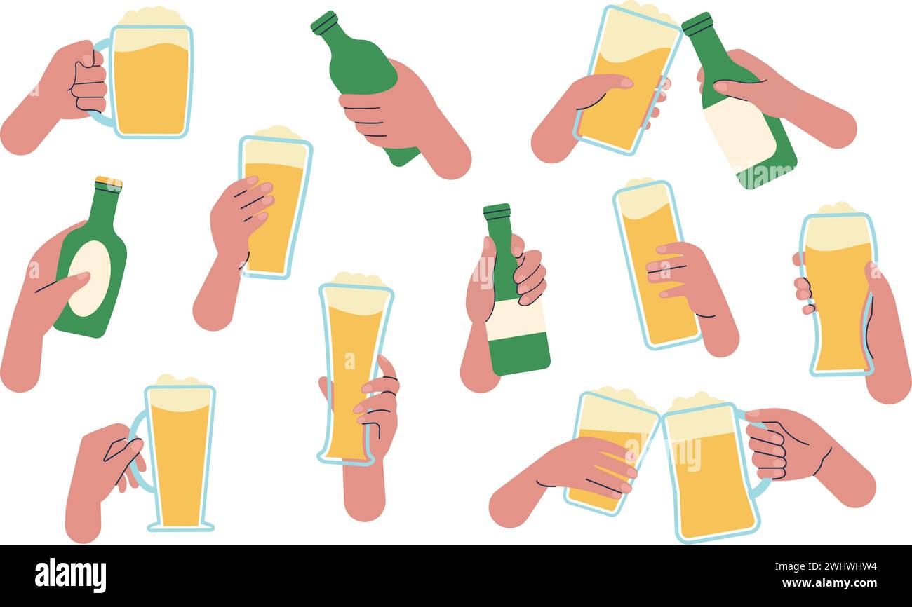 Hände mit Bier. Die Leute trinken aus verschiedenen Gläsern und Flaschen. Meeting in Pub oder Brauereibar. Wochenendparty, Freunde klirren Glas, anständiges Vektorset Stock Vektor