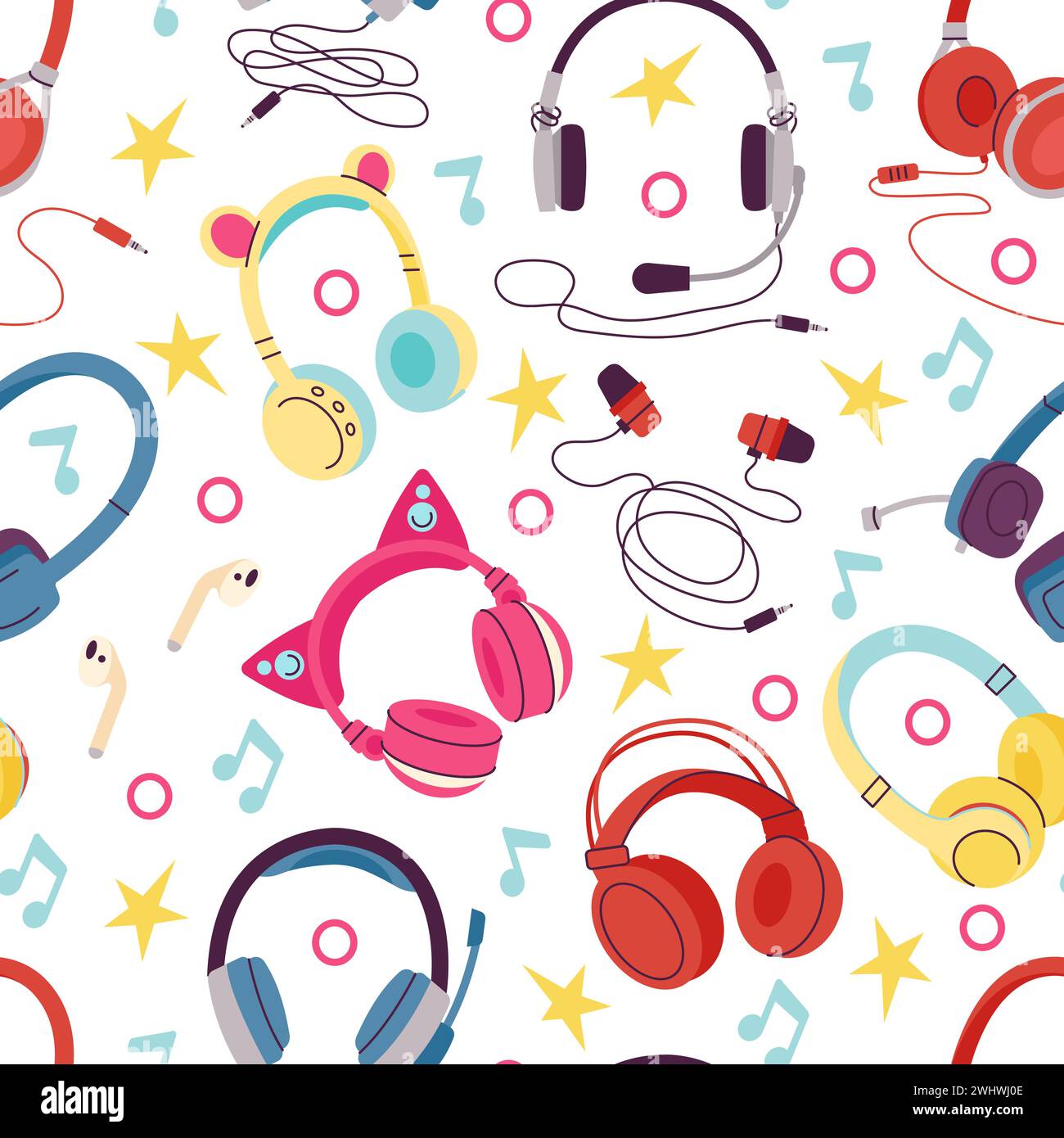 Farbenfroher Hintergrund für Kopfhörer. Abstrakte Musik nahtlos mit Ohrhörern und Notizen. Musikalischer kindlicher Stoffdruck, anständiges Vektorelement Stock Vektor