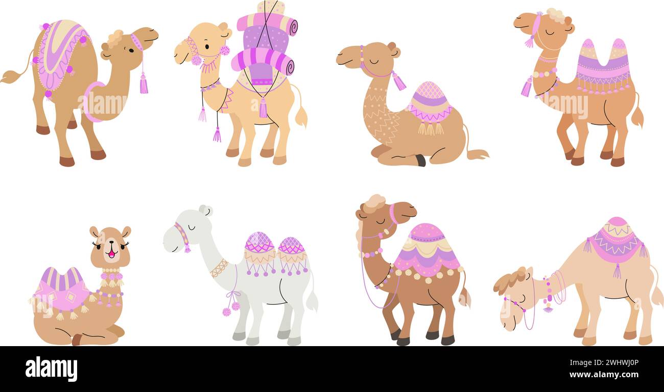Comic-Kamele. Einsames Kamel, niedliche Wüstentiere mit dekorativen Teppichen. Arabische Tiere, Wildtiere und Haustiere. Lustige Kinder heutzutage Vektorfiguren Stock Vektor
