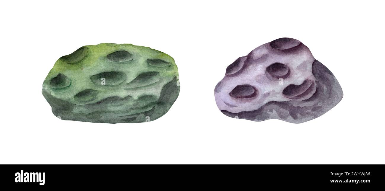 Zwei Steine mit kleinen Kratern. Grüne und violette Polypen oder Vulkane. Meteorit, Asteroid. Aquarellabbildung. Für Clipart, Aquarium-Design Stockfoto