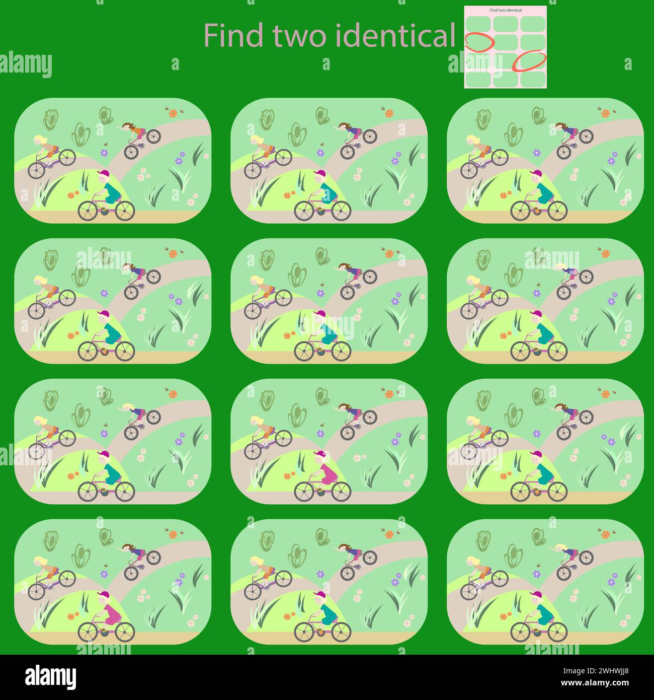 In einem lustigen Puzzlespiel für Kinder unter 7 Jahren finden Kinder auf dem Fahrrad 2 identische Bilder Stock Vektor