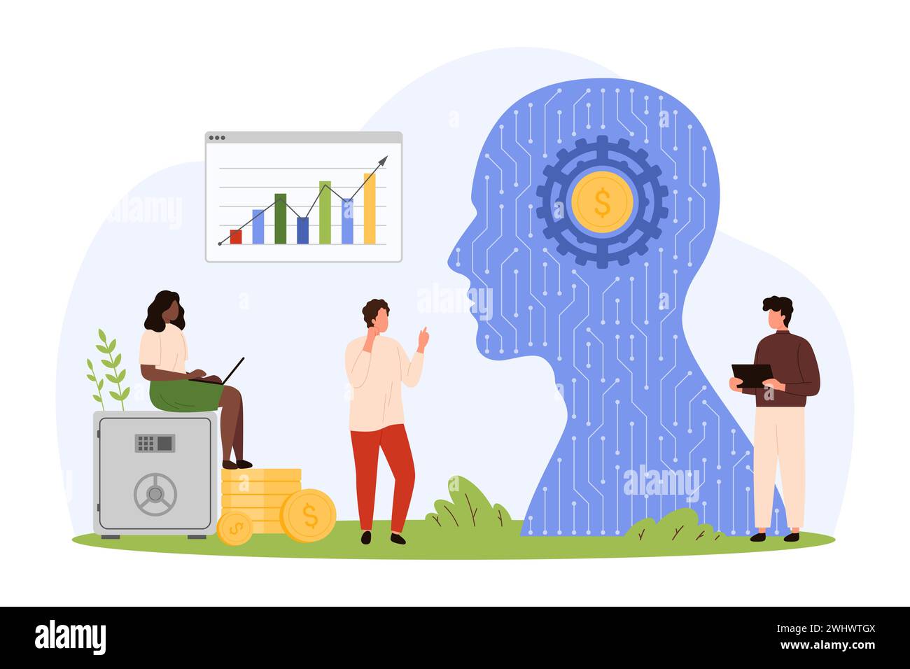 Finanzanalysen, digitale Datenanalyse und -Verwaltung mit KI-Technologie-Plattform. Winzige Leute analysieren Diagramme mit digitalem Gehirn, Forschung Graphen auf neuronalen Netzen Plattform Cartoon Vektor Illustration Stock Vektor