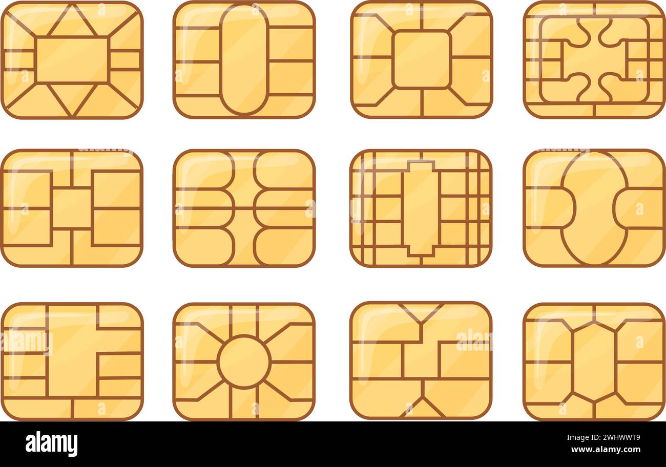 SIM emv-Chip. Kreditkarte oder nfc Chips Nahaufnahme Symbol Design, geldautomat Microchip sicheres Modul globales Banking GSM Kauf Telefontechnologie Kreditkartenterminals, saubere Vektorillustration Stock Vektor