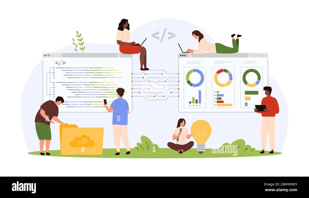 Entwicklung von Front- und Back-End-Software. Tiny People Programmierung, Entwickler von Agenturcodierung und Testen Programmcode und UI UX Website Design der digitalen Projekt Cartoon Vektor Illustration Stock Vektor