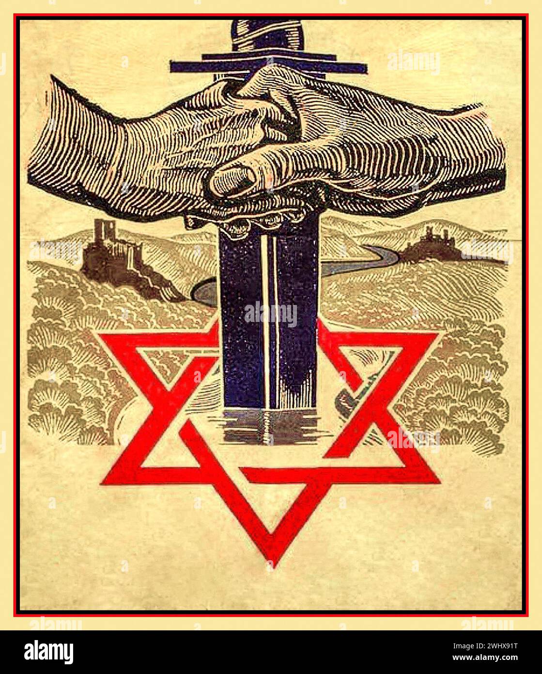 WW2 1940er Jahre Nazi Waffen SS Schwert wird durch das jüdische Stern-Davids-Emblem getrieben. Propagandaplakat von Nazi-Deutschland Waffen SS Nazi-Deutschland Stockfoto