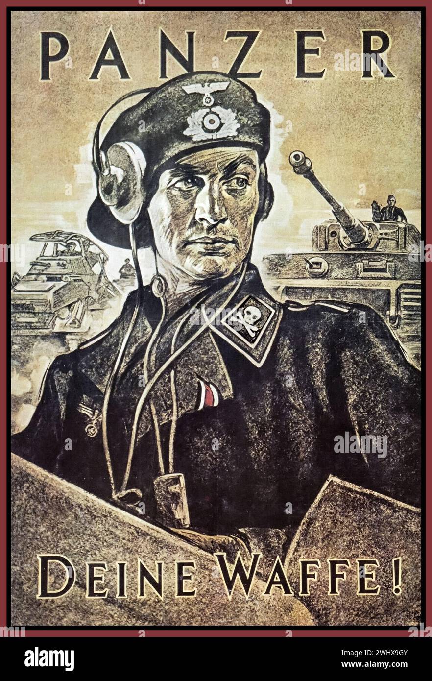 WW2 Waffen SS-Panzer TOTENKOPF Propagandaplakat mit dem Titel „DEINE WAFFE“ mit Nazi-Panzerkommandanten mit SS-Schädel und Kreuzknochen auf seiner Uniform Nazi-Deutschland der 1940er Jahre Stockfoto