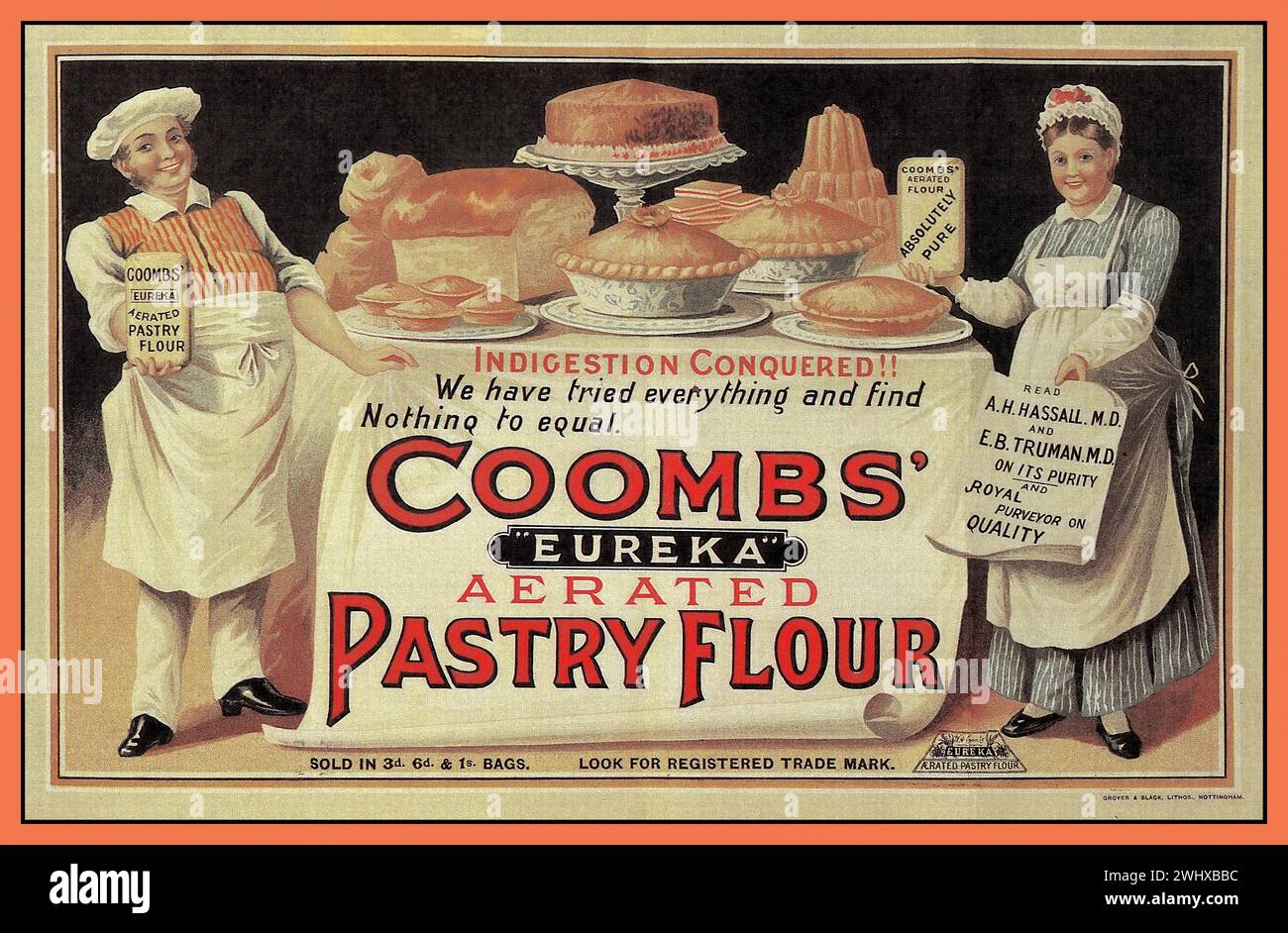 Vintage 1900er Jahre Gebäck Mehl Werbung Kochen Lebensmittel Zutaten Illustration von COOMBS Eureka mit belüftetem Gebäck Mehl. Großbritannien gedruckt in Nottingham. Stockfoto