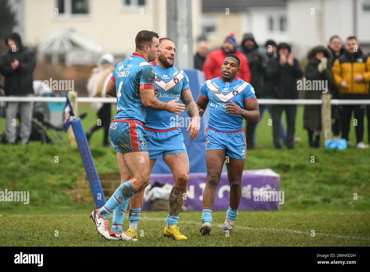 Halifax, England - 7. Februar 2024 - Ian Thornley von Wakefield Trinity feiert den Versuch. Rugby League Challenge Cup, Siddal ARLFC vs Wakefield Trinity in Chevinedge (Siddal Sports and Community Centre), Halifax, UK Dean Williams Stockfoto