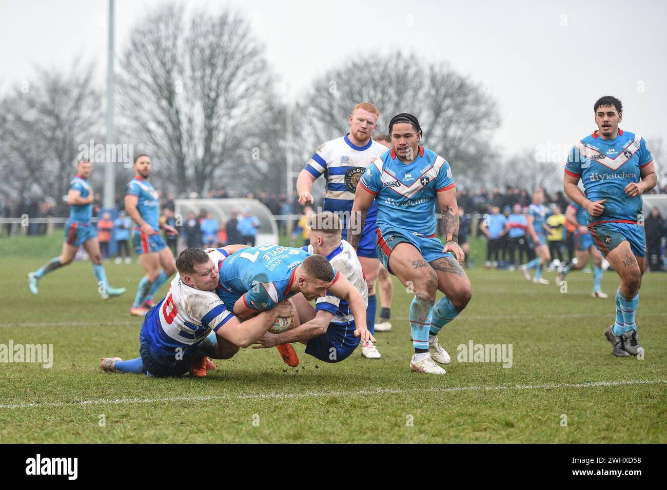 Halifax, England - 7. Februar 2024 - Thomas Doyle von Wakefield Trinity punktet aus nächster Nähe. Rugby League Challenge Cup, Siddal ARLFC vs Wakefield Trinity in Chevinedge (Siddal Sports and Community Centre), Halifax, UK Dean Williams Stockfoto