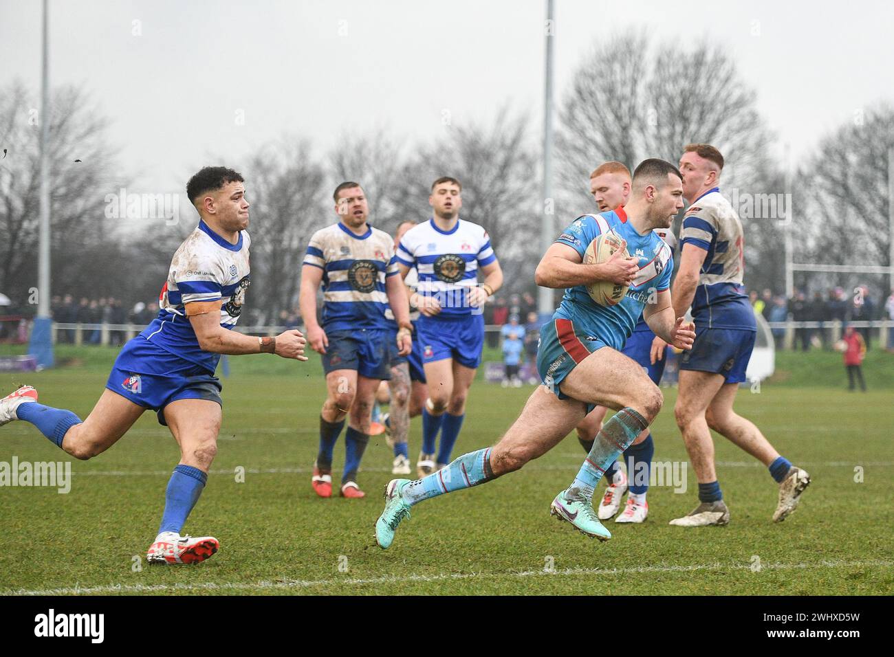 Halifax, England - 7. Februar 2024 - Max Jowitt von Wakefield Trinity hat einen Versuch gemacht. Rugby League Challenge Cup, Siddal ARLFC vs Wakefield Trinity in Chevinedge (Siddal Sports and Community Centre), Halifax, UK Dean Williams Stockfoto