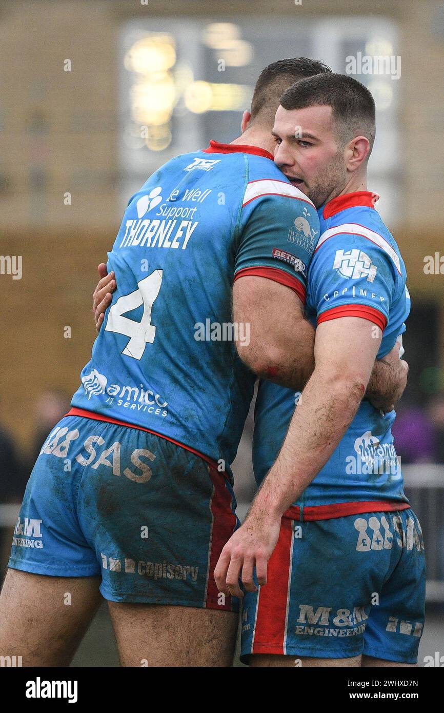 Halifax, England - 7. Februar 2024 - Max Jowitt von Wakefield Trinity feiert den Versuch. Rugby League Challenge Cup, Siddal ARLFC vs Wakefield Trinity in Chevinedge (Siddal Sports and Community Centre), Halifax, UK Dean Williams Stockfoto