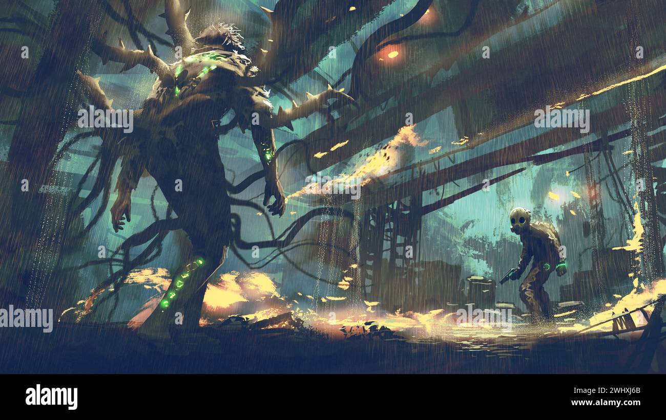 Gasmasken-Mann konfrontiert einen Mutanten in einem verlassenen Gebäude. Digitaler Kunststil, Illustrationsmalerei Stockfoto