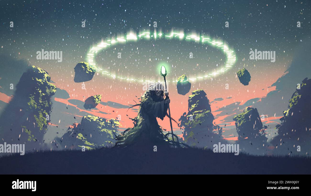 Zauberer mit einem Zepter, der eine Magie ausstrahlt, digitaler Kunststil, Illustrationsmalerei Stockfoto