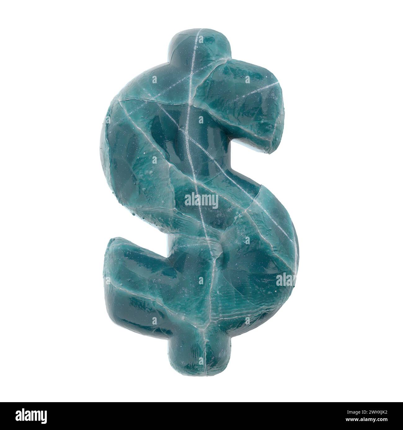 Geplatzte Eisgeld-Währungszeichen - Business 3D gefrorenes Symbol - geeignet für Natur, Winter oder Weihnachten Stockfoto