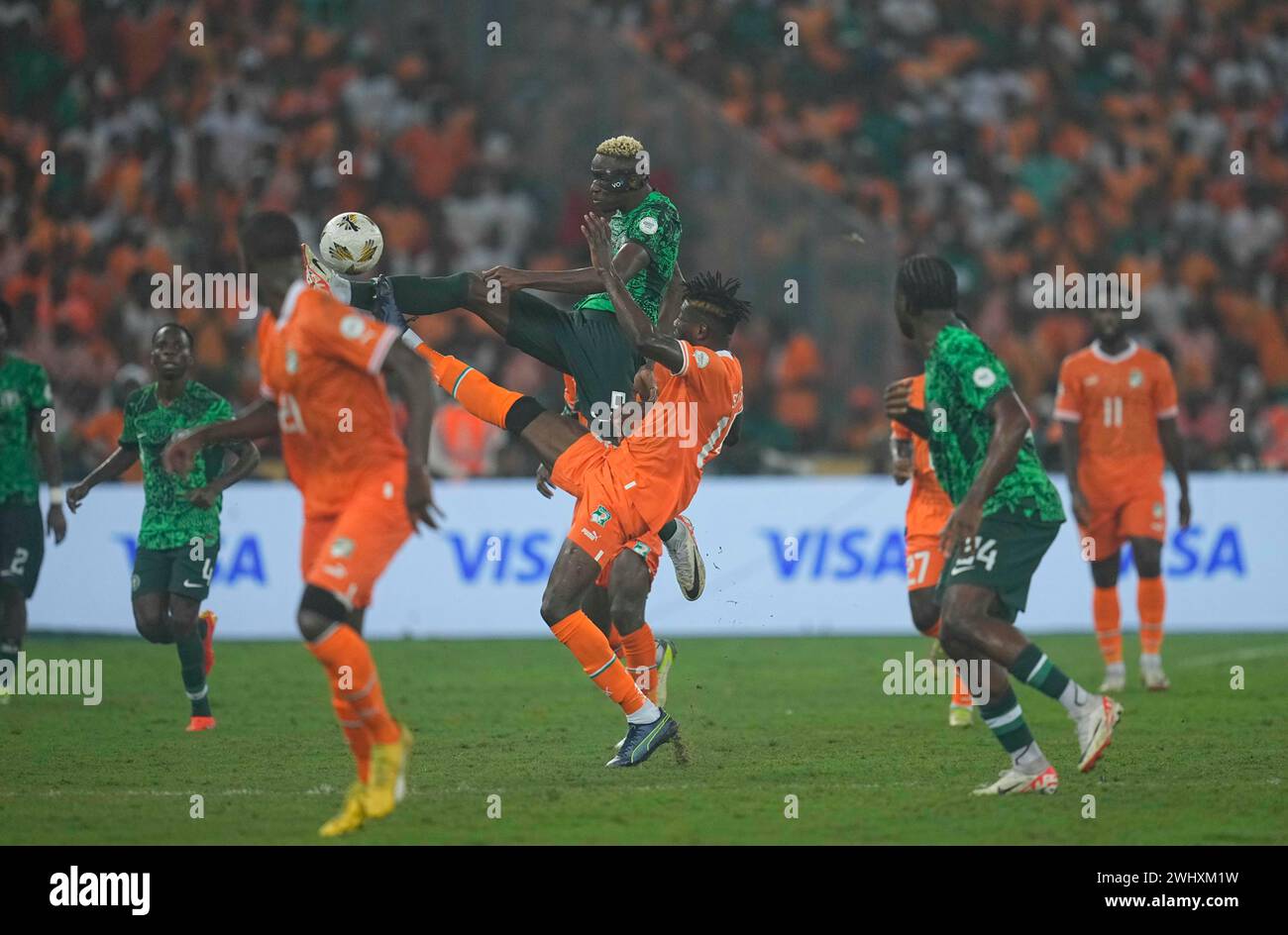 11. Februar 2024: 9 kontrolliert den Ball während eines African Cup of Nations - Final Spiels, Elfenbeinküste gegen Nigeria, im Alassane Ouattara Stadium, Abidjan, Elfenbeinküste. Kim Preis/CSM Stockfoto