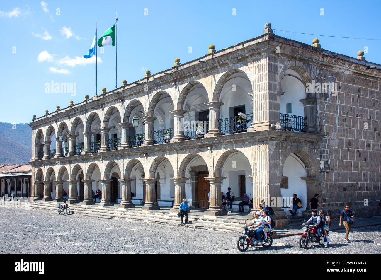 Municipalidad (Verwaltung) de Antigua Gebäude, Central Park, Calle de Los Carros, Antigua, Sacatepéquez Departement, Republik Guatemala Stockfoto