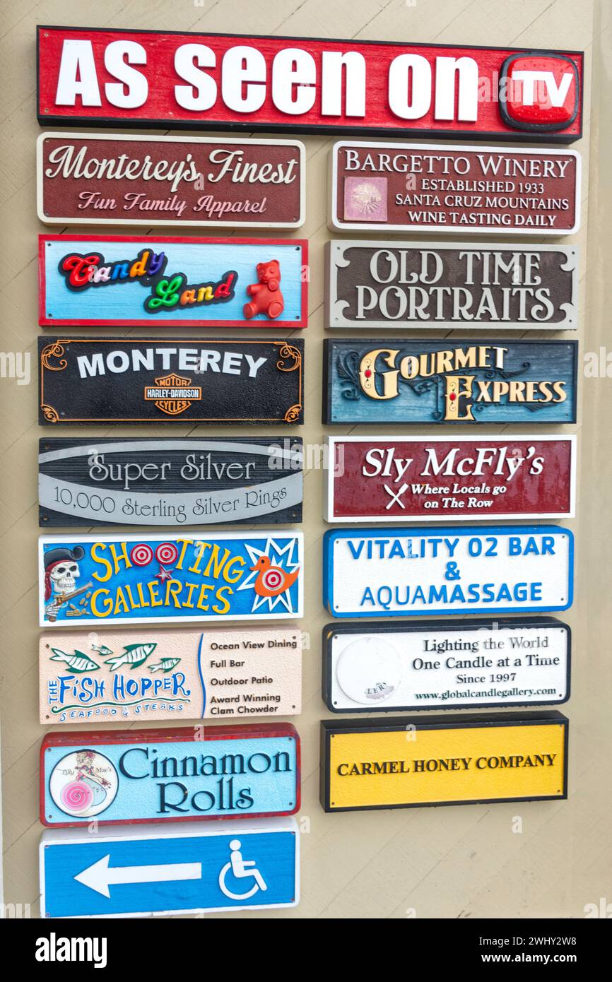 Shopschild, Cannery Row, New Monterey, Monterey, Kalifornien, Vereinigte Staaten von Amerika Stockfoto