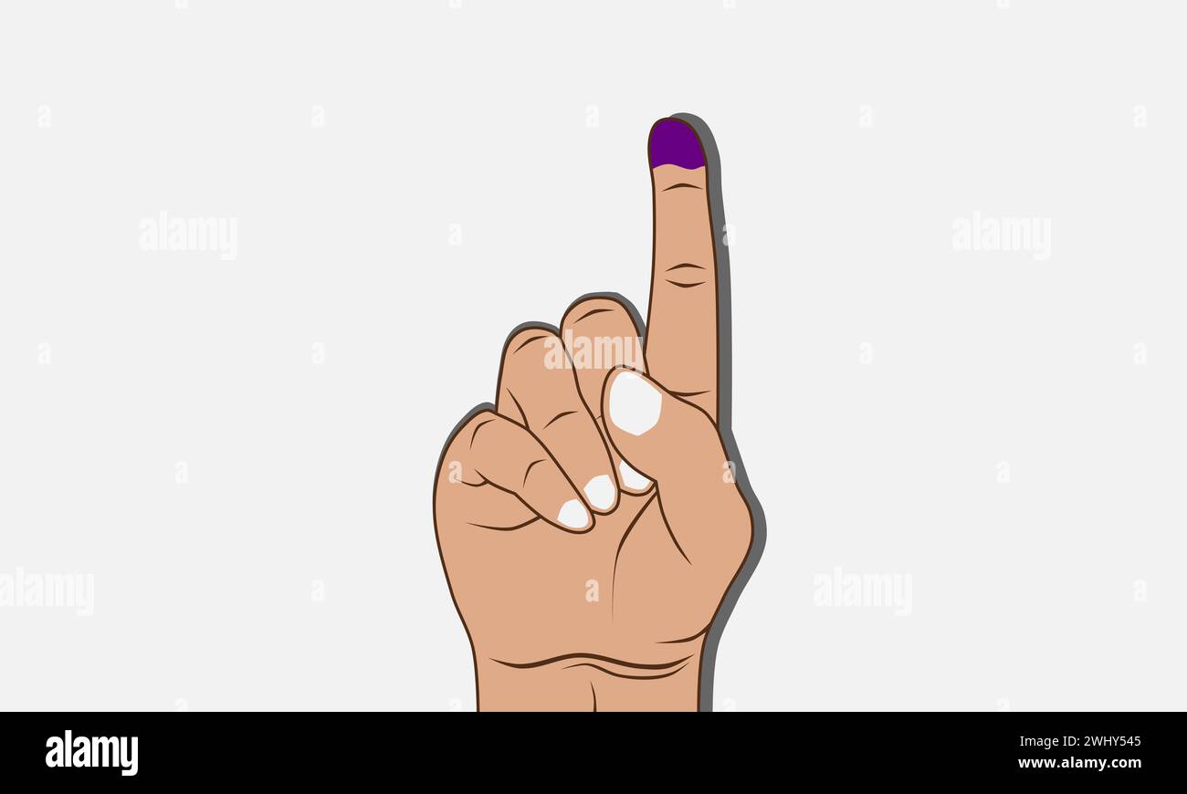 Zeigefinger mit blauer oder violetter Tinte. Konzept der Präsidentschaftswahl. Stock Vektor