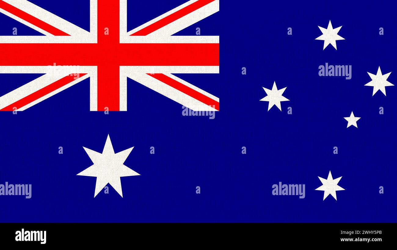 Flagge von Australien auf Stoffoberfläche. Australische Nationalflagge auf strukturiertem Hintergrund. Australien STAT Stockfoto