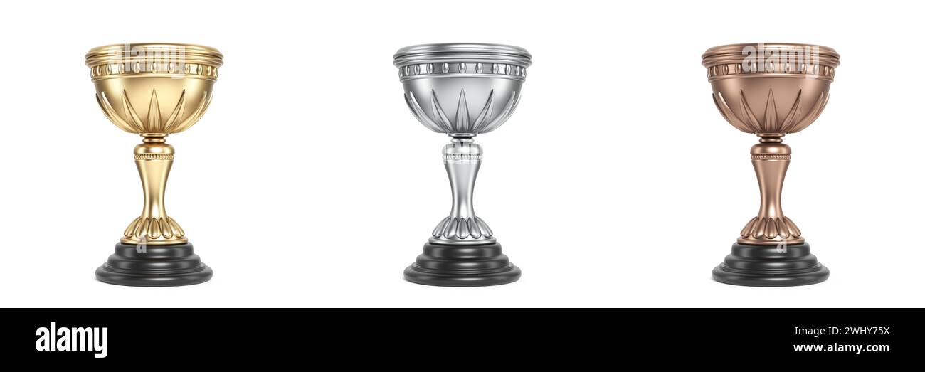 Goldene, silberne und bronzene Trophäe in 3D Stockfoto