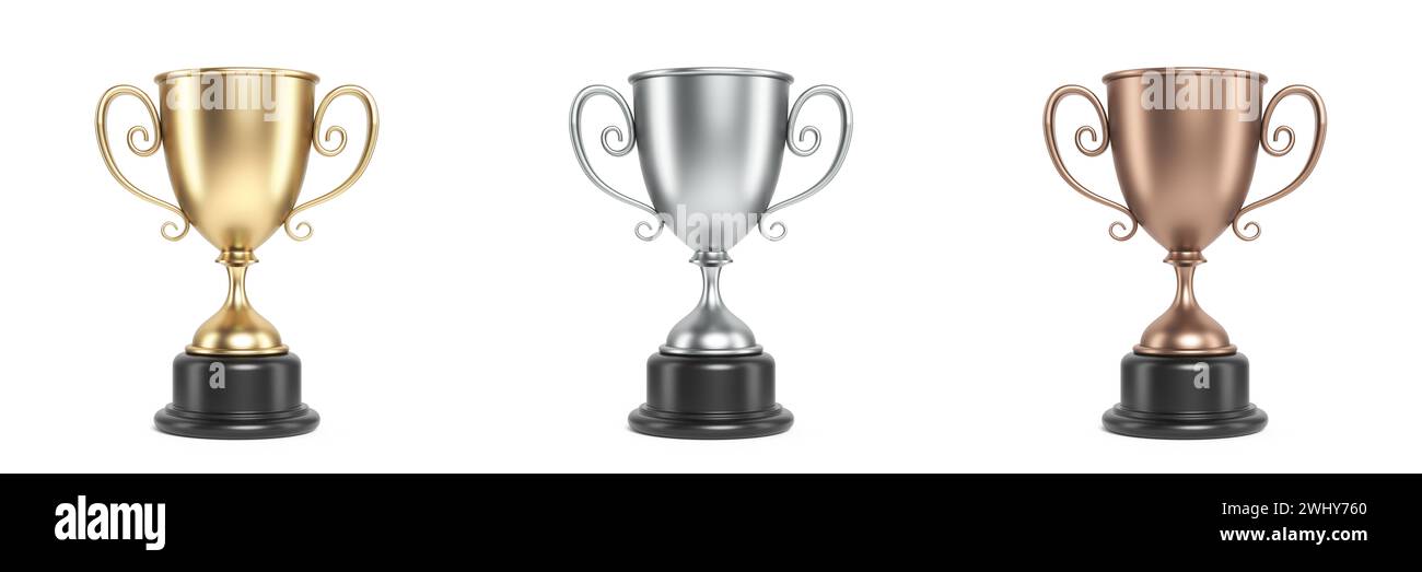 Goldene, silberne und bronzene Trophäe 3D Stockfoto