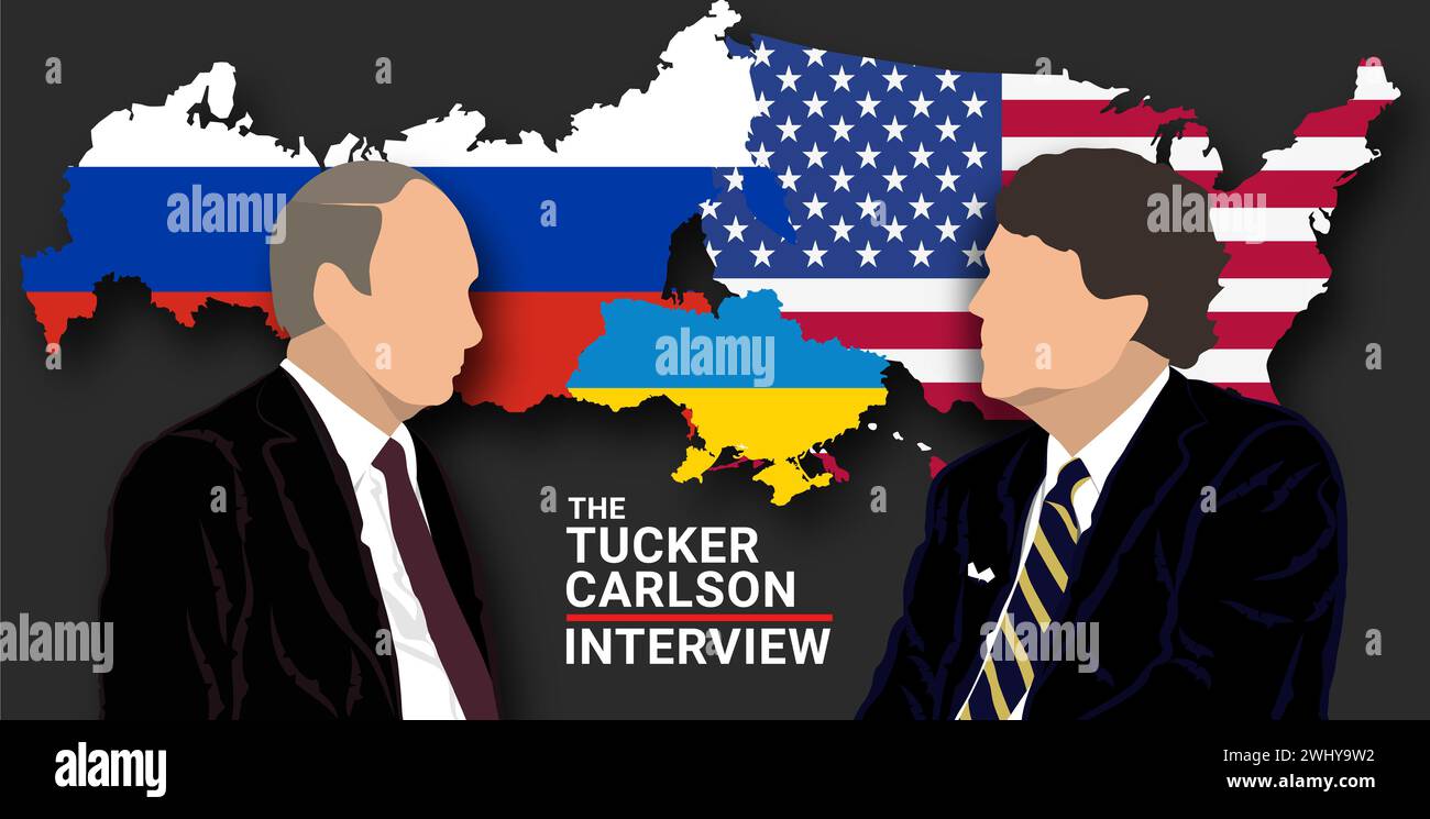 Februar 2024. Der amerikanische Journalist Tucker Carlson interviewte den russischen Präsidenten Wladimir Putin in Moskau. Stockfoto